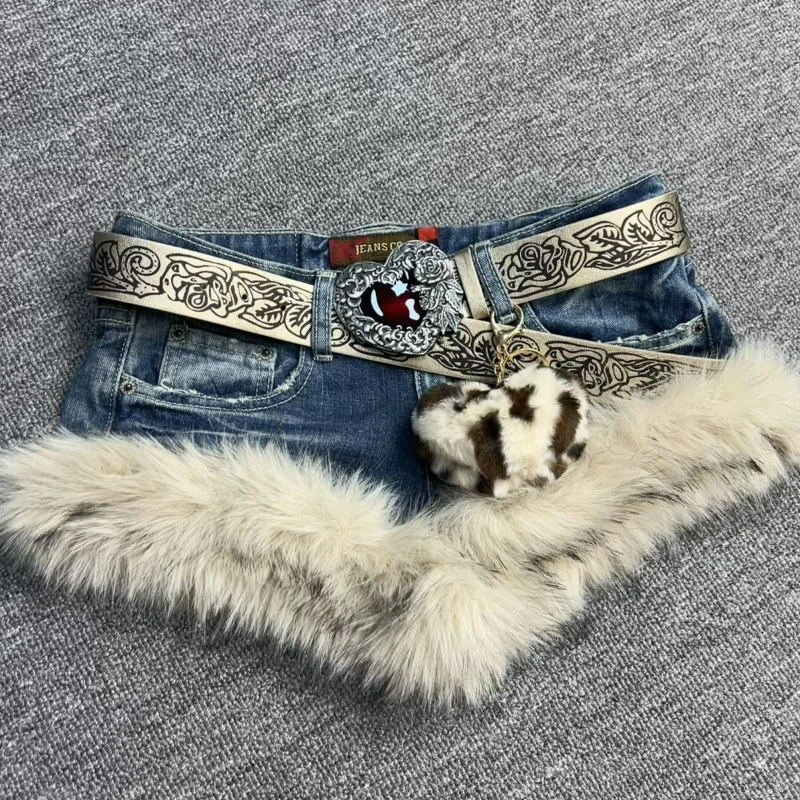 Szorty jeansowe gotyckie z pluszowymi naszywkami Y2k vintage Beżowy