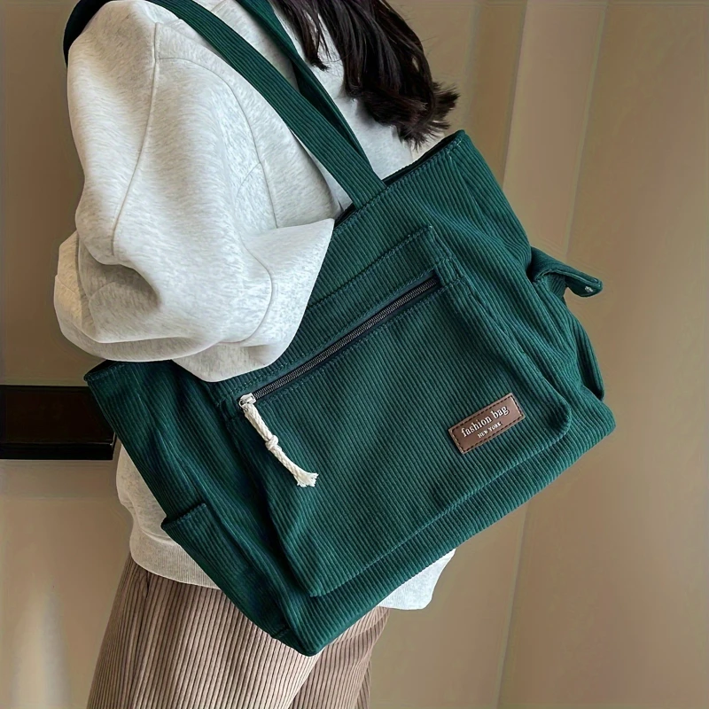 Sztruksowa torba na ramię z kieszeniami w stylu retro Zielony