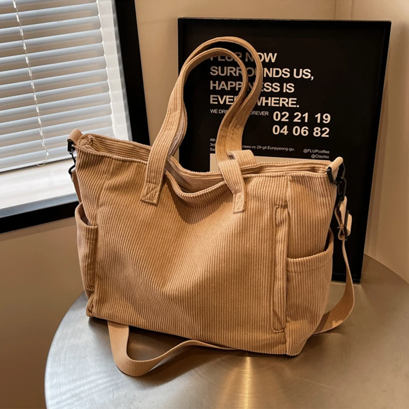Sztruksowa torba shopper damska z paskiem crossbody Khaki