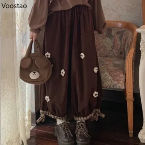 Sztruksowe spodnie z szerokimi nogawkami w stylu vintage kawaii Beżowy
