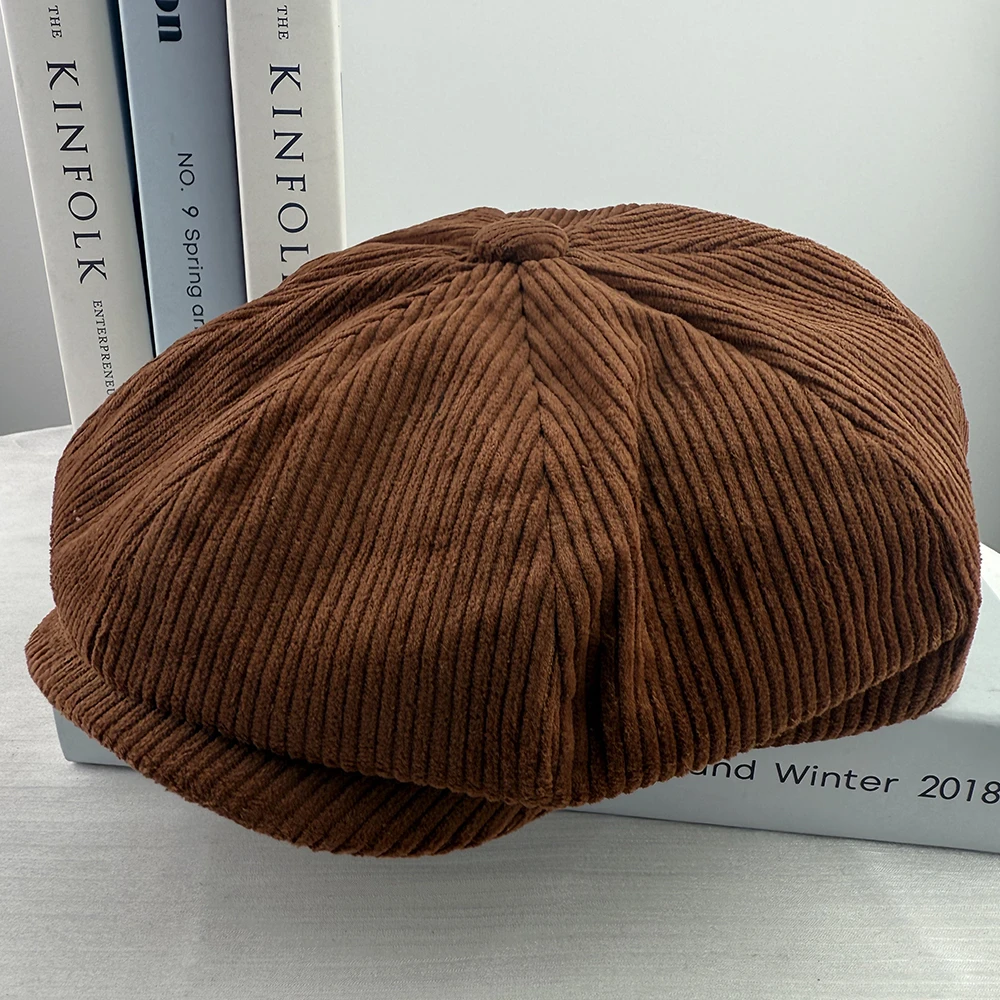 Sztruksowa czapka kaszkietówka newsboy w stylu retro Brązowy