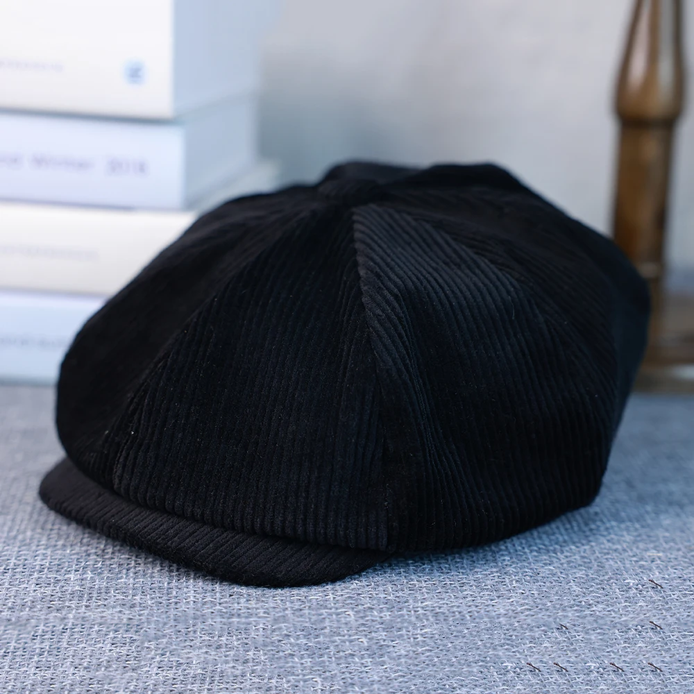 Sztruksowa czapka kaszkietówka newsboy w stylu retro Czarny