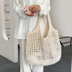 Szydełkowa torba plażowa ze słomki w stylu boho Beżowy
