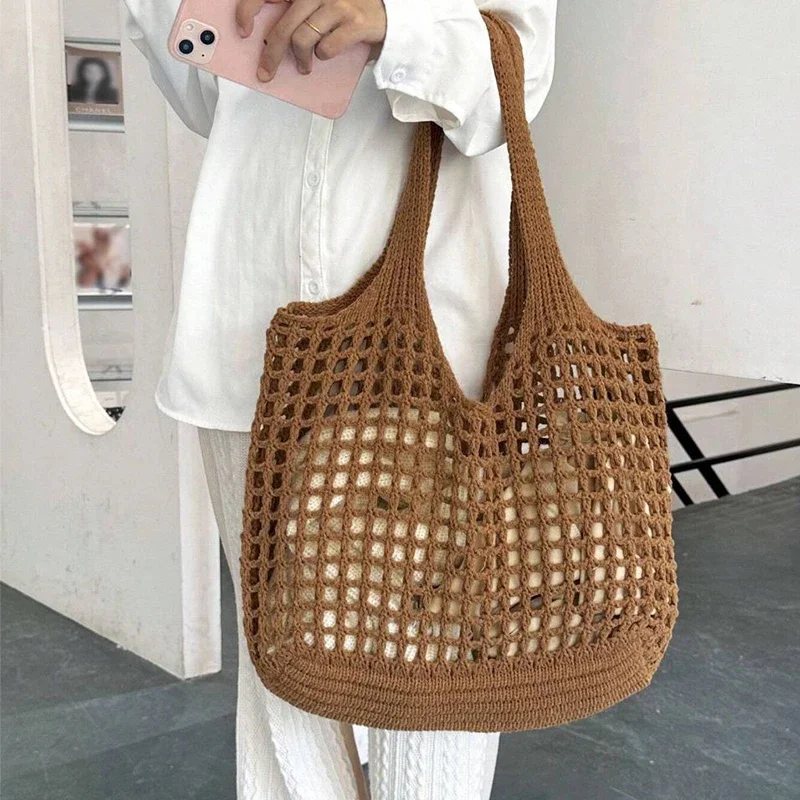 Szydełkowa torba plażowa ze słomki w stylu boho Brązowy