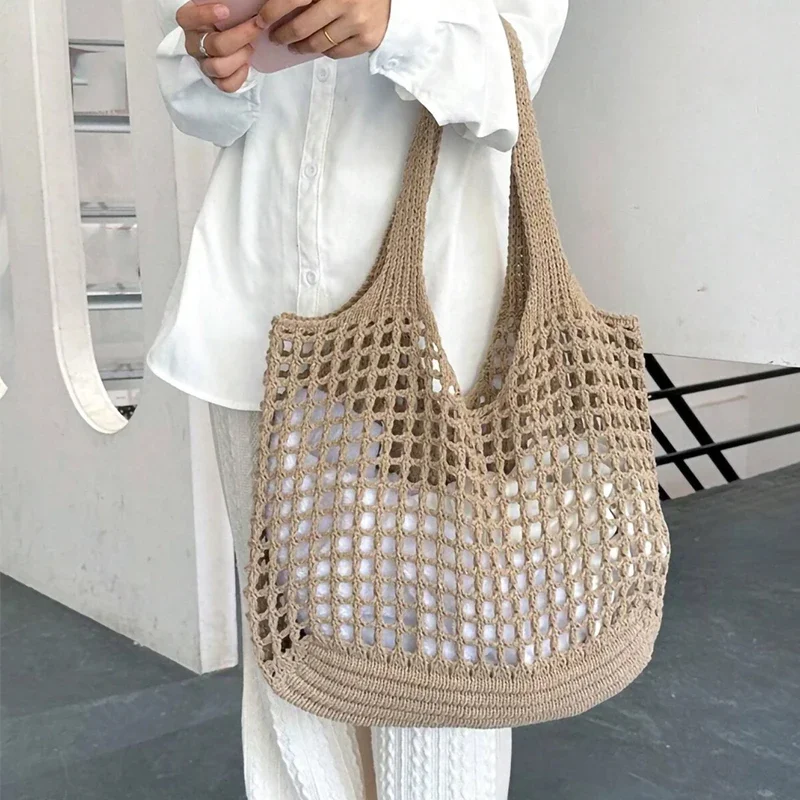 Szydełkowa torba plażowa ze słomki w stylu boho Khaki