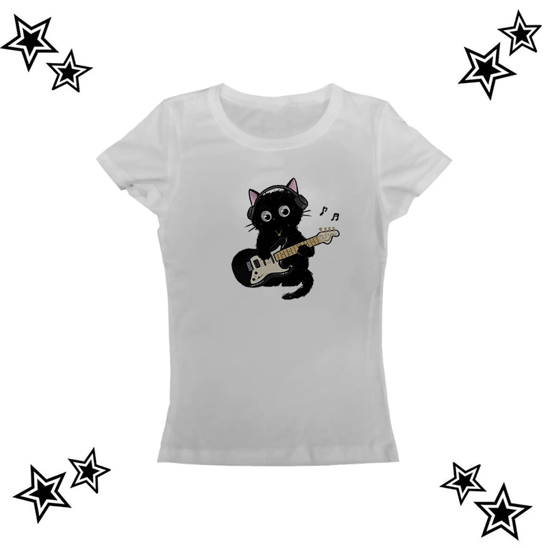 T-shirt damski z nadrukiem kota Y2K vintage retro grafika Czarny