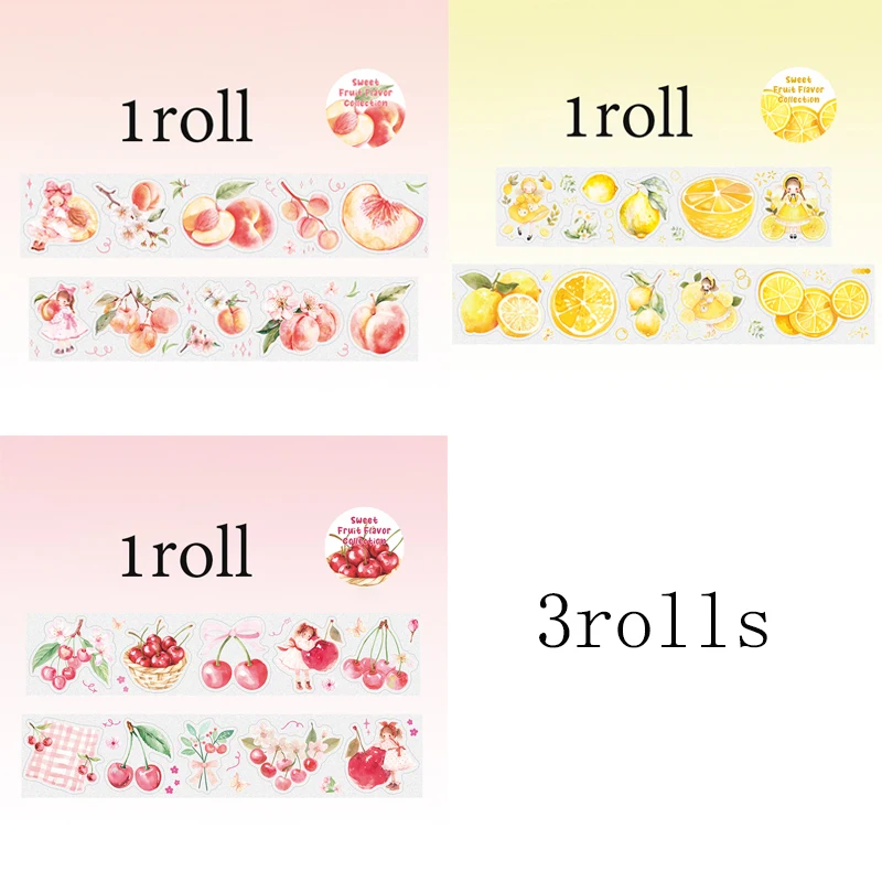 Taśma dekoracyjna PET z owocami 3 rolki do scrapbookingu i pamiętnika żółty