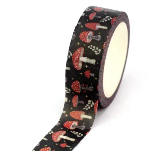 Taśma washi z grzybkami na czarnym tle – 10 m do scrapbookingu 
