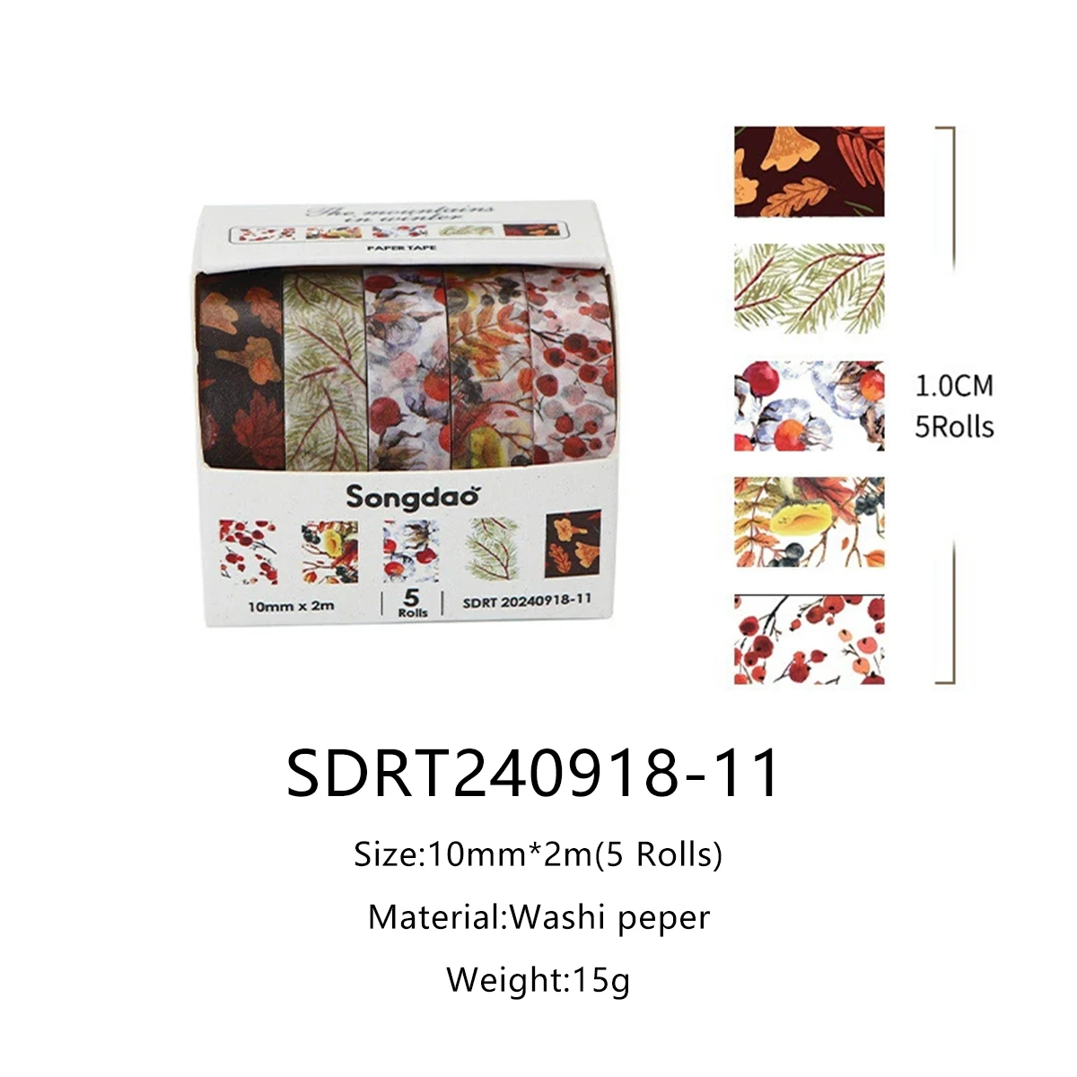 Taśma Washi kwiatowa akwarelowa do scrapbookingu 5 rolek Jasnozielony
