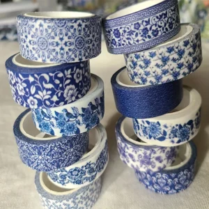 Zestaw 12 taśm Washi z wzorami Chinoiserie niebiesko-białe Niebieski