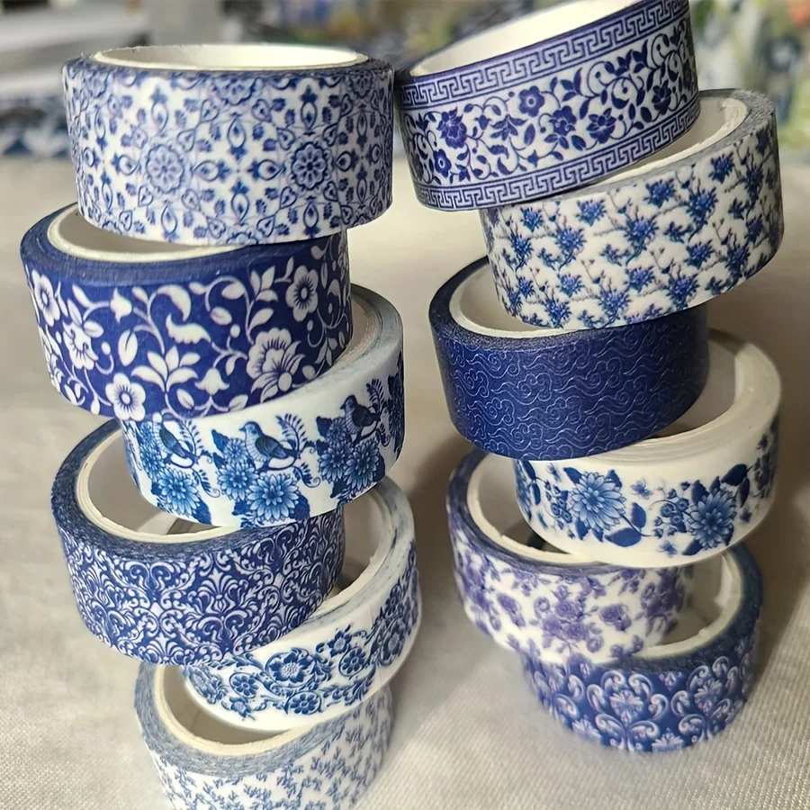 Zestaw 12 taśm Washi z wzorami Chinoiserie niebiesko-białe Niebieski