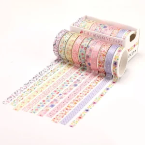 Taśmy washi kawaii – zestaw 10 rolek ze złotą folią Bordowy
