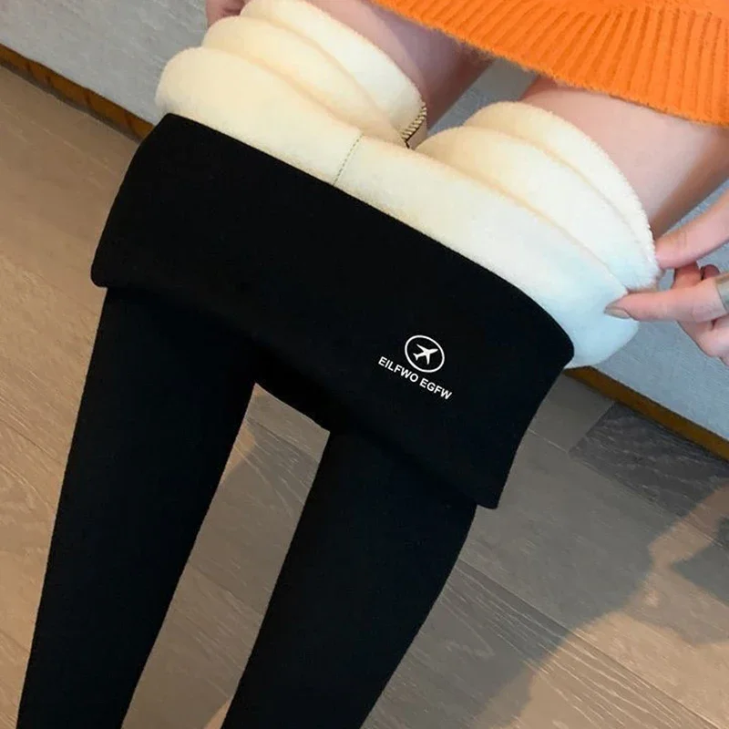 Termiczne legginsy damskie polarowe — ciepłe spodnie na zimę, wysoka talia Czarny