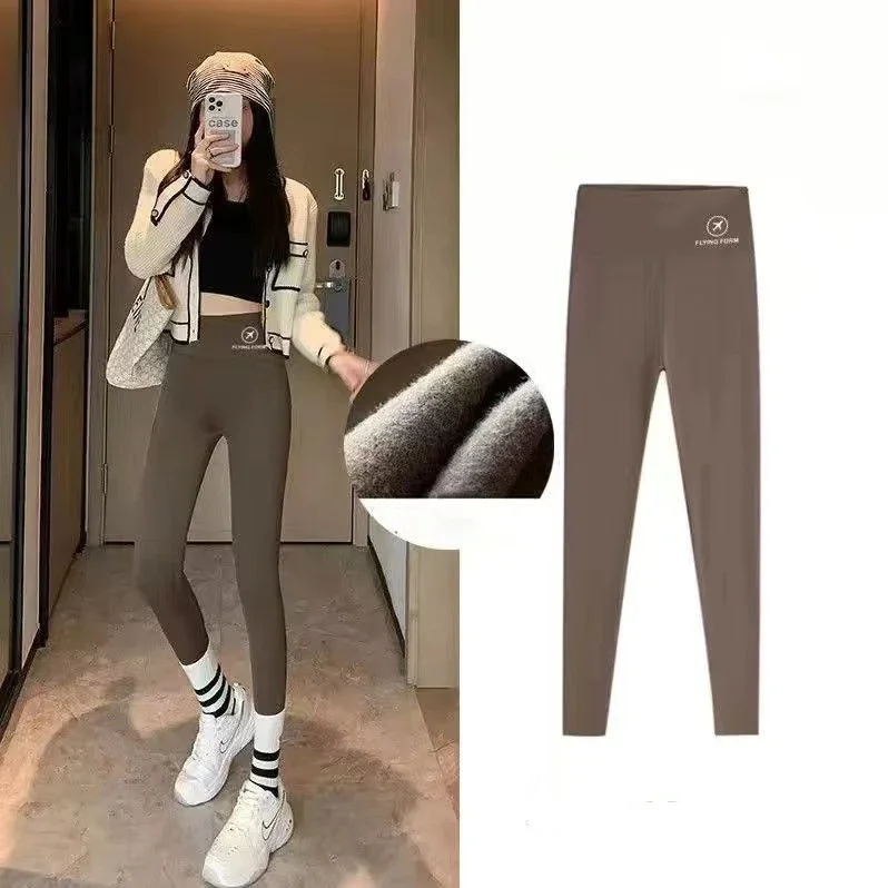 Termiczne legginsy damskie polarowe — ciepłe spodnie na zimę, wysoka talia Khaki