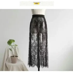 Tiulowa spódnica z koronki - elegancka, transparentna spódnica maxi z wysokim stanem Czarny