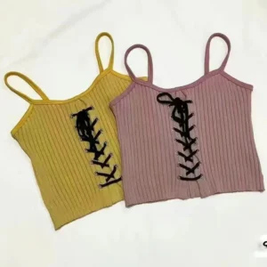 Top bez pleców Y2K dzianinowy — damski crop top bez rękawów żółty