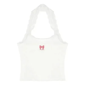 Top halter koronkowy z haftem motyla — Y2K crop top damski Czarny