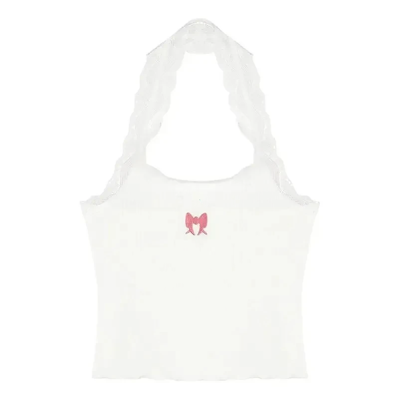 Top halter koronkowy z haftem motyla — Y2K crop top damski Czarny
