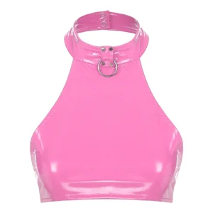 Top halter z lakierowanej skóry z O-ringiem damski Niebieski