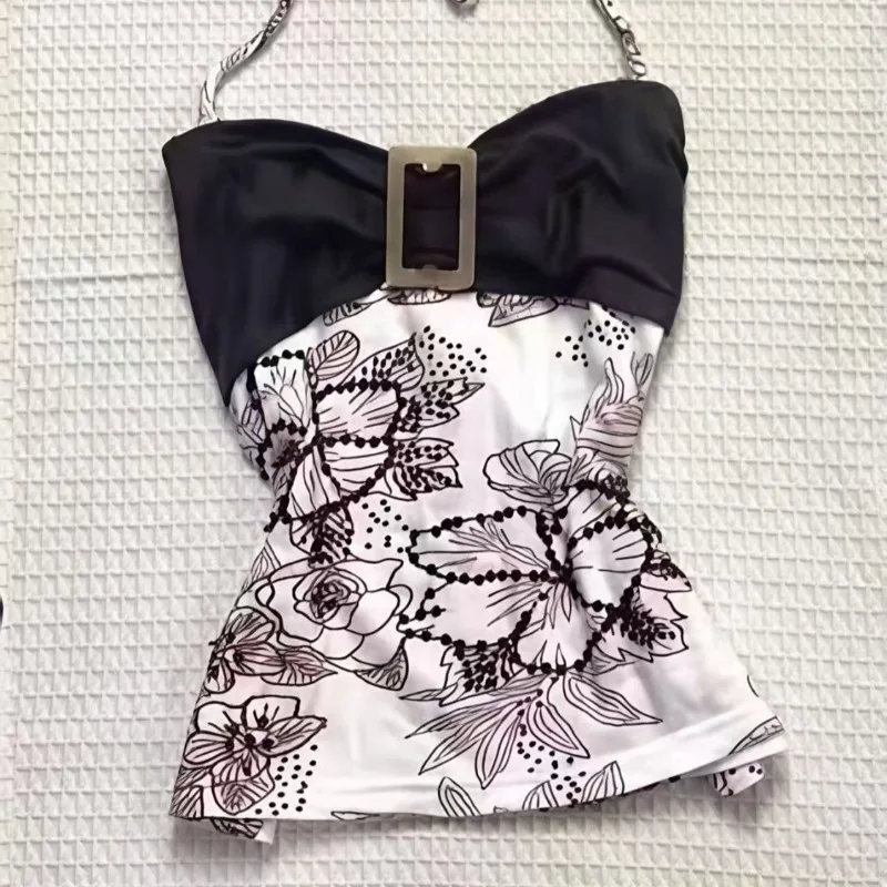 Top halter retro w stylu punk Harajuku z wstawkami Biały