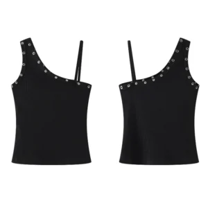 Top na jedno ramię prążkowany Harajuku bez rękawów slim fit Czarny