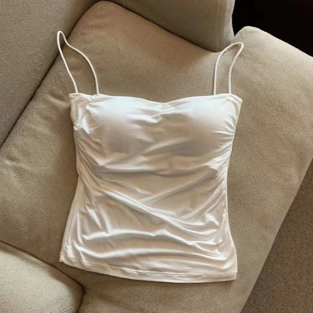 Damski top na ramiączkach spaghetti z wbudowanym biustonoszem Biały