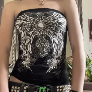 Damski top tuba bez ramiączek z gotyckim nadrukiem w stylu y2k Czarny