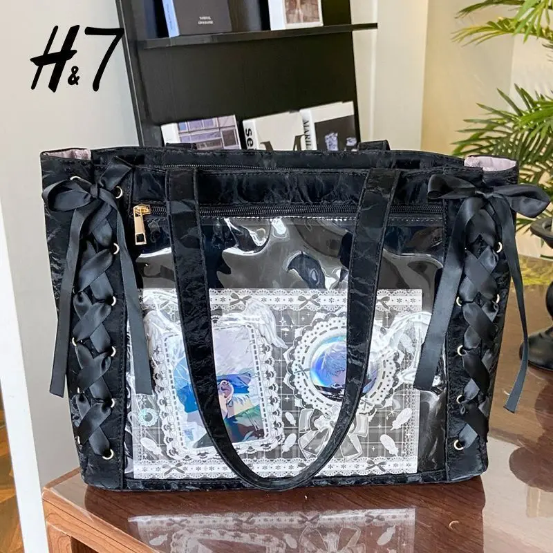 Torba itabag na ramię z dużą wstążką i przezroczystą kieszenią na piny Czarny