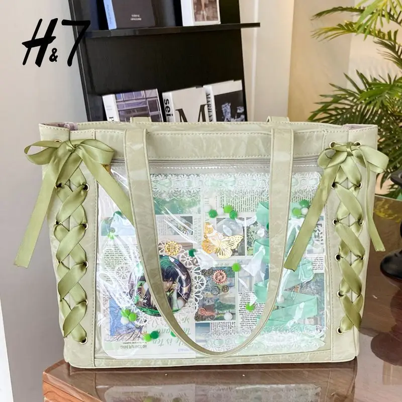 Torba itabag na ramię z dużą wstążką i przezroczystą kieszenią na piny Zielony