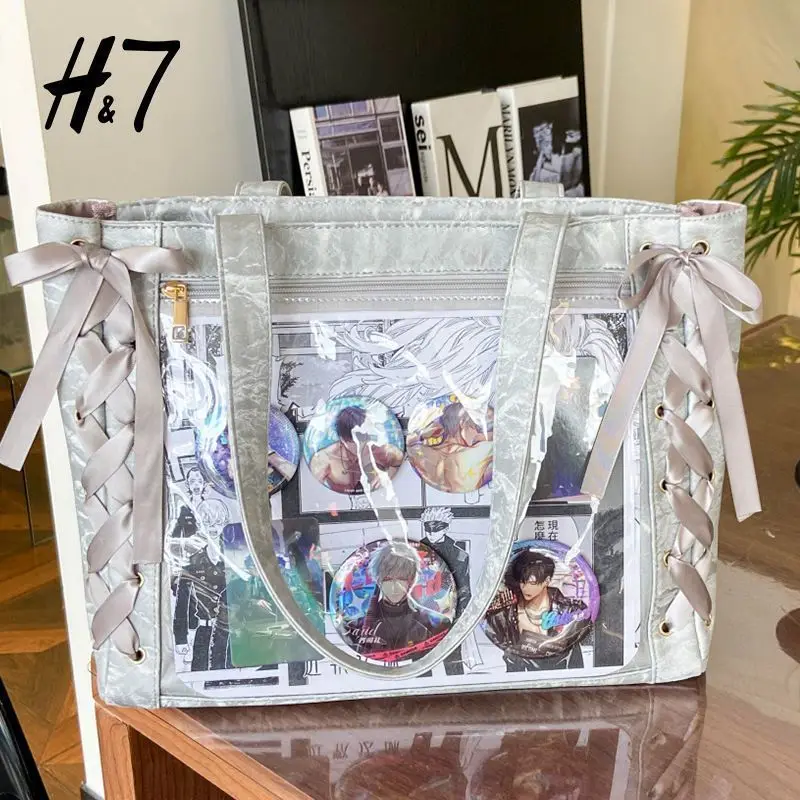 Torba itabag na ramię z dużą wstążką i przezroczystą kieszenią na piny Silvery only bag