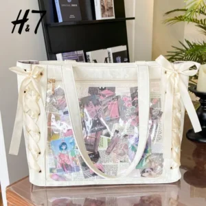 Torba itabag na ramię z dużą wstążką i przezroczystą kieszenią na piny Biały