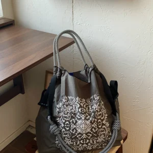 Torba shopper damska haftowana w stylu japońskim Ciemnoszary
