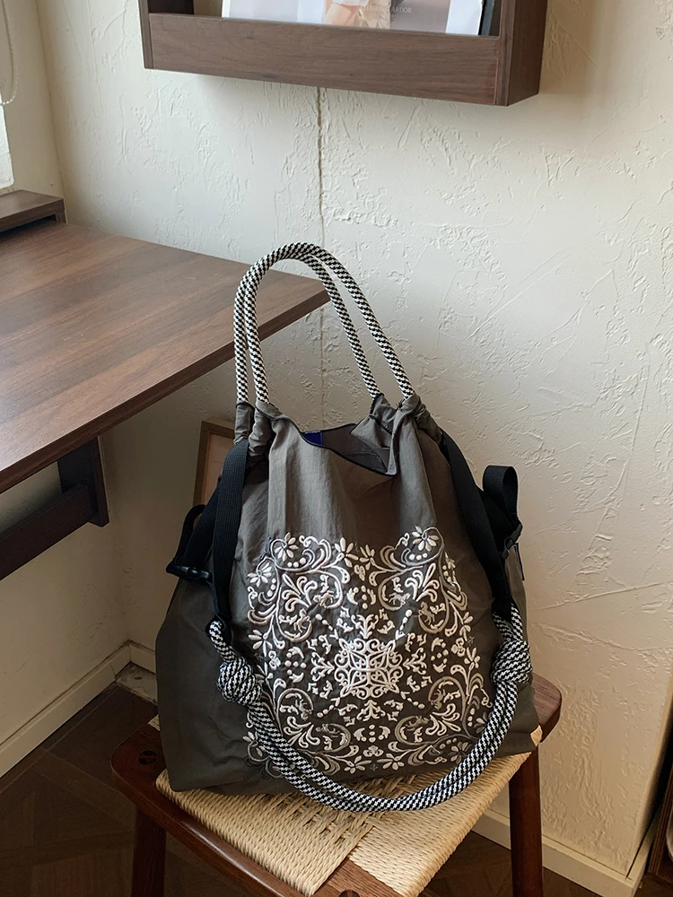Torba shopper damska haftowana w stylu japońskim Ciemnoszary