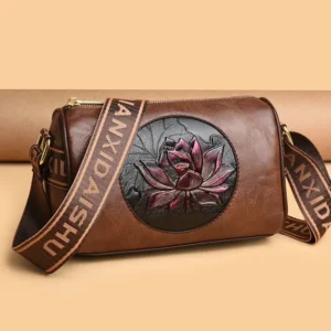 Torebka damska z miękkiej skóry z nadrukiem — listonoszka crossbody Beżowy