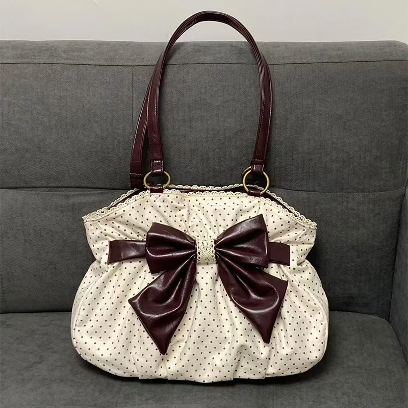 Torebka damska shopper w grochy z kokardą Biały