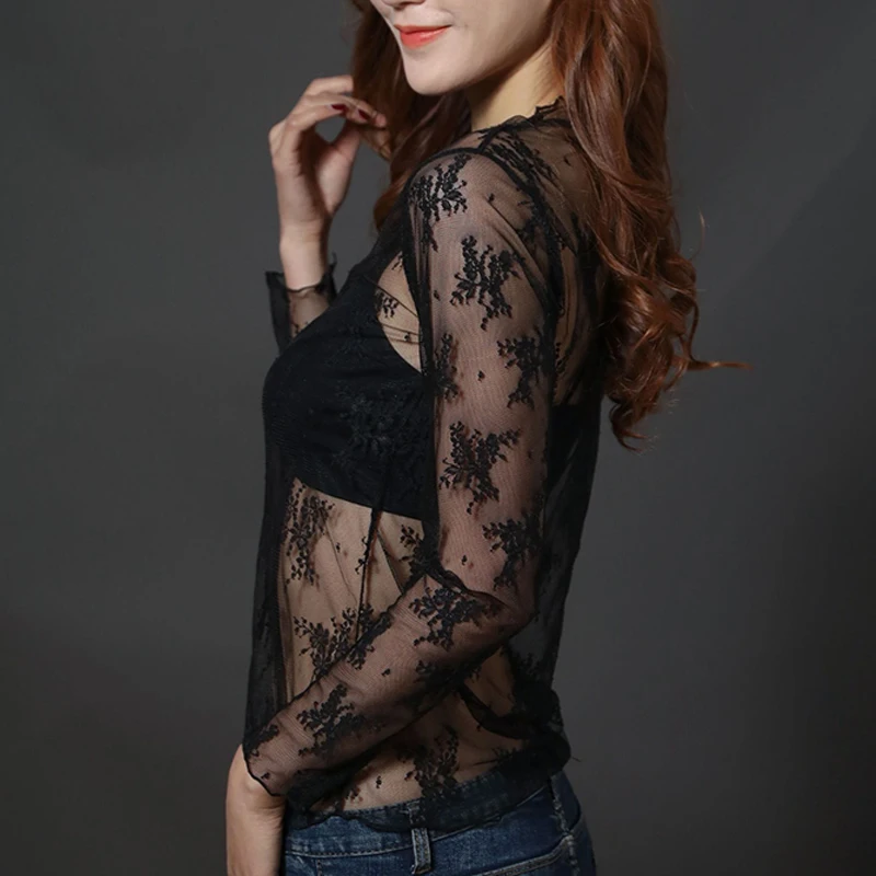 Transparentna koszulka z siateczki z golfem i długim rękawem Czarny
