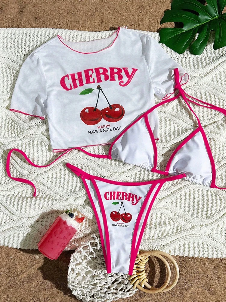 Trzyczęściowe bikini z nadrukiem wisienek na lato Różowy