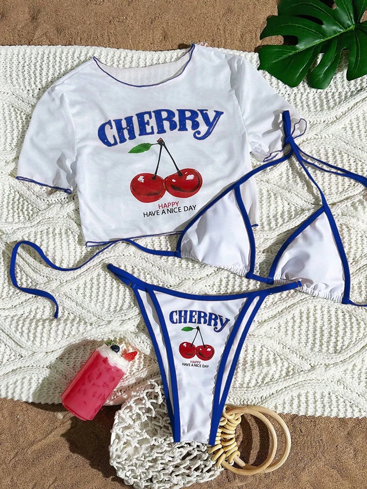 Trzyczęściowe bikini z nadrukiem wisienek na lato Ciemnoniebieski