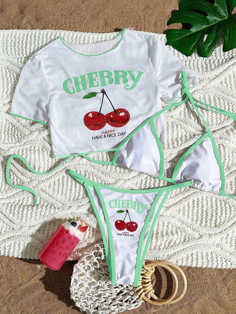 Trzyczęściowe bikini z nadrukiem wisienek na lato Zielony