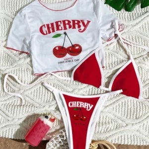 Trzyczęściowe bikini z nadrukiem wisienek na lato Red02