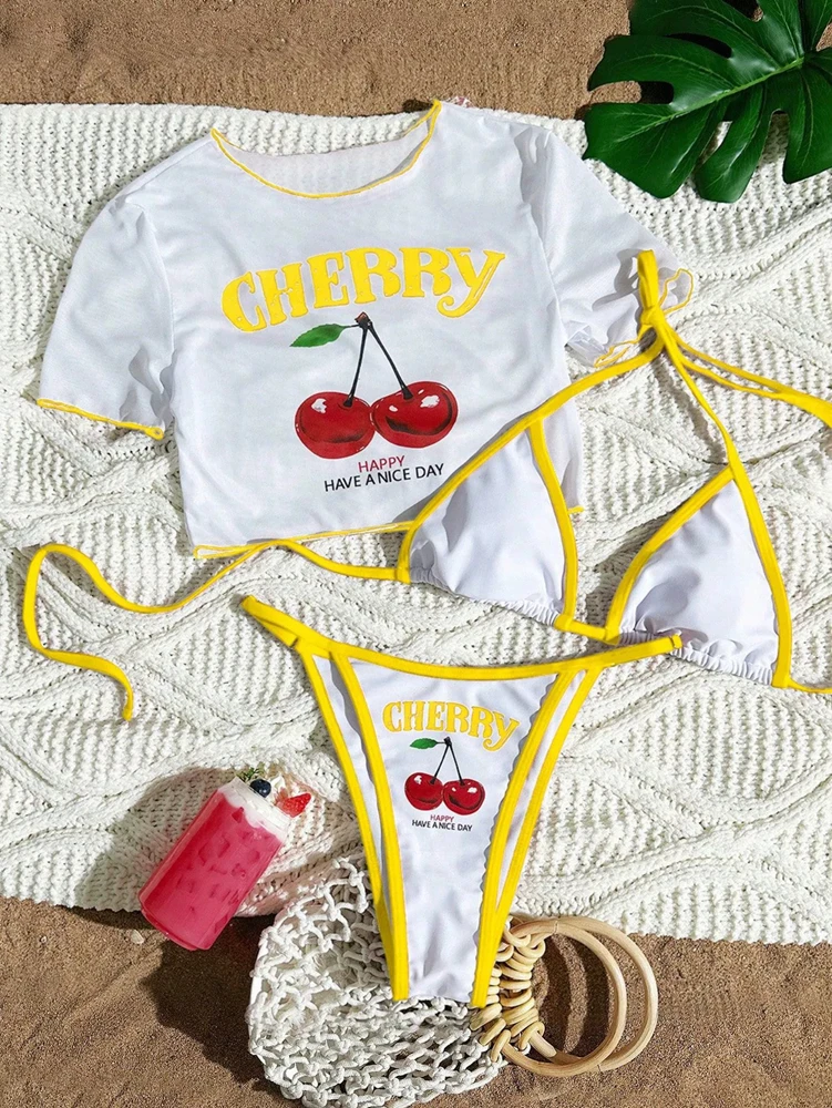 Trzyczęściowe bikini z nadrukiem wisienek na lato Żółty