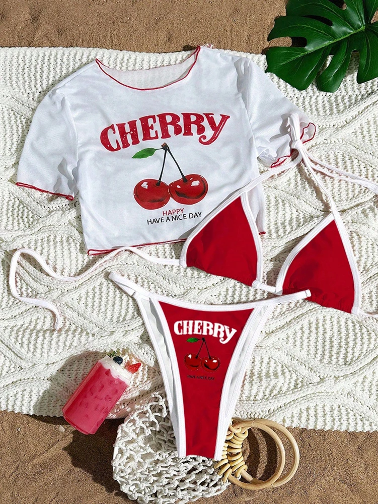 Trzyczęściowy strój kąpielowy w kwiaty Cherry bikini Czerwony