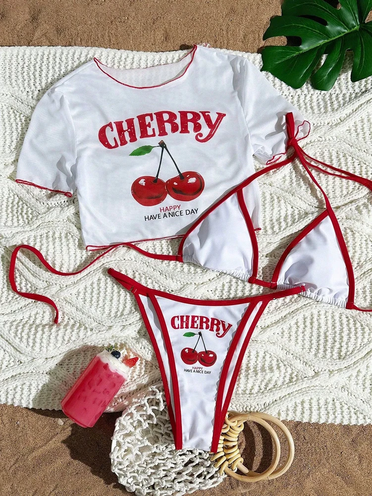 Trzyczęściowy strój kąpielowy w kwiaty Cherry bikini Róża czerwona