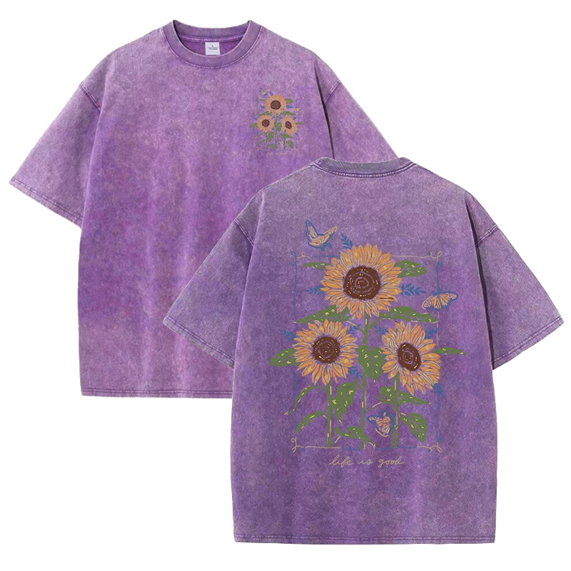 Bawełniany t-shirt damski z nadrukiem słonecznika Beżowy