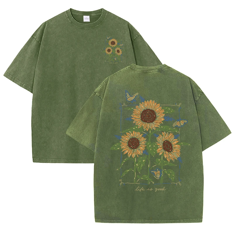 Bawełniany t-shirt damski z nadrukiem słonecznika Niebieski