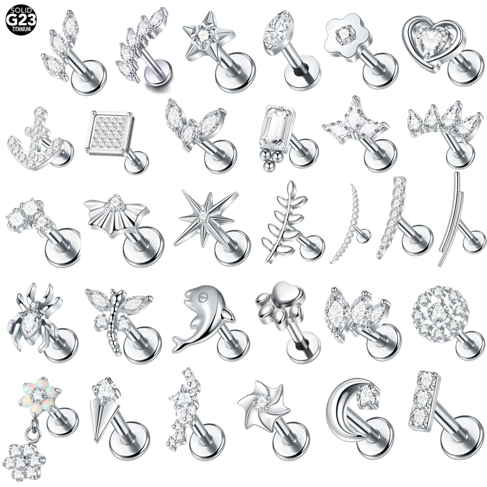 Tytanowy kolczyk do piercingu z cyrkonem, Labret Tragus Helix 16G Szary