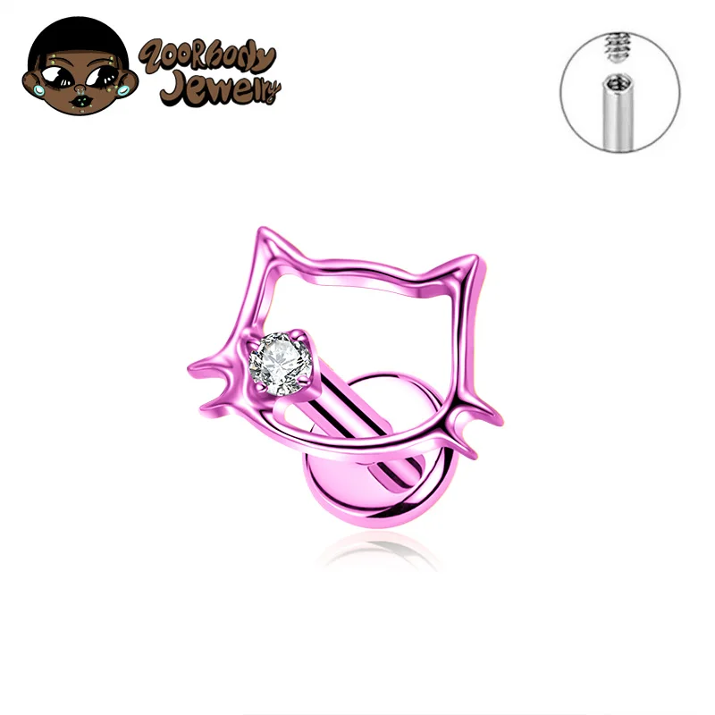 Tytanowy labret z kotkiem do ucha 16G/18G Amarantowy