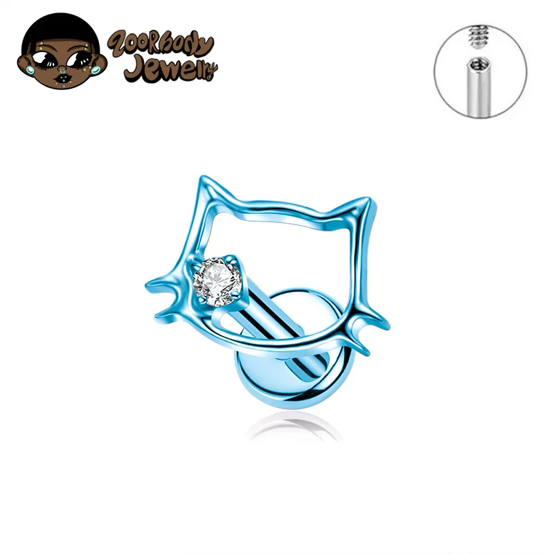 Tytanowy labret z kotkiem do ucha 16G/18G Niebieski