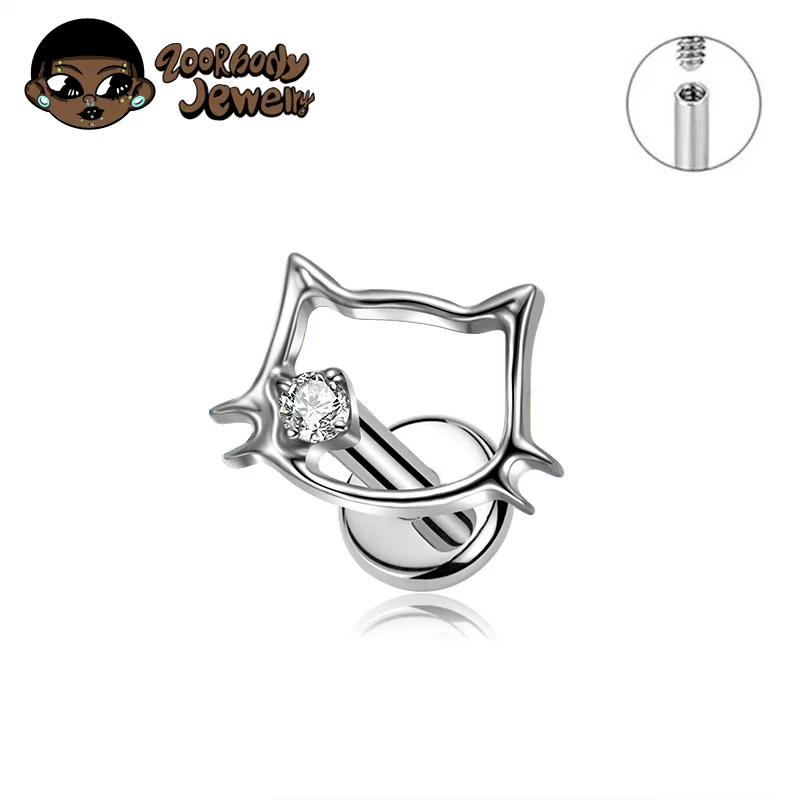 Tytanowy labret z kotkiem do ucha 16G/18G Srebrny