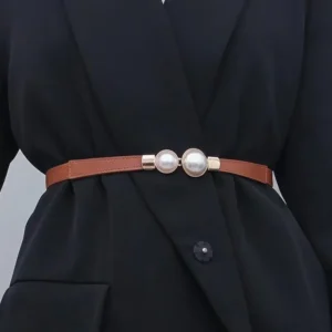 Wąski pasek damski z perłową klamrą retro Szampan